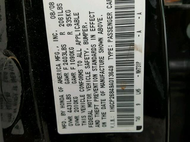 1HGCP26849A013649 - 2009 HONDA ACCORD EXL BLACK photo 10