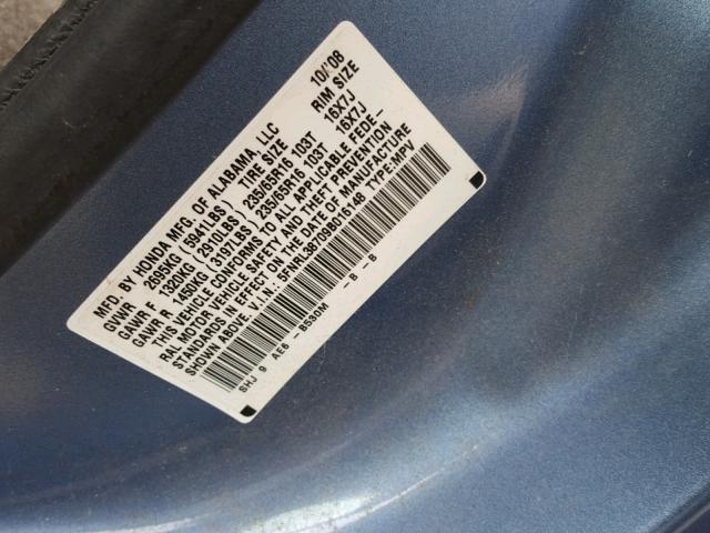 5FNRL38709B016148 - 2009 HONDA ODYSSEY EX BLUE photo 10