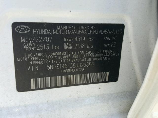 5NPET46F38H329886 - 2008 HYUNDAI SONATA GLS WHITE photo 10