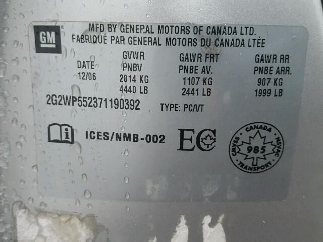 2G2WP552371190392 - 2007 PONTIAC GRAND PRIX Արծաթագույն լուսանկար 10