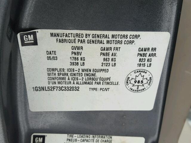 1G3NL52F73C332032 - 2003 OLDSMOBILE ALERO GL GRAY photo 10