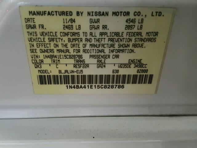 1N4BA41E15C828786 - 2005 NISSAN MAXIMA SE WHITE photo 10