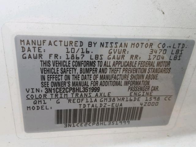 3N1CE2CP8HL351999 - 2017 NISSAN VERSA NOTE WHITE photo 10