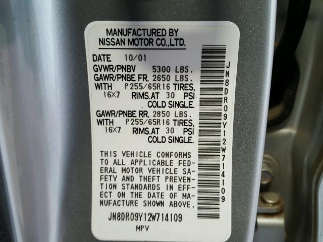 JN8DR09Y12W714109 - 2002 NISSAN PATHFINDER SILVER photo 10