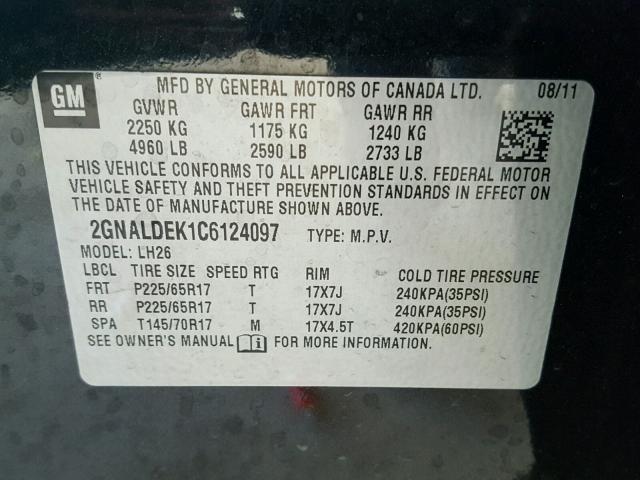 2GNALDEK1C6124097 - 2012 CHEVROLET EQUINOX LT BLACK photo 10