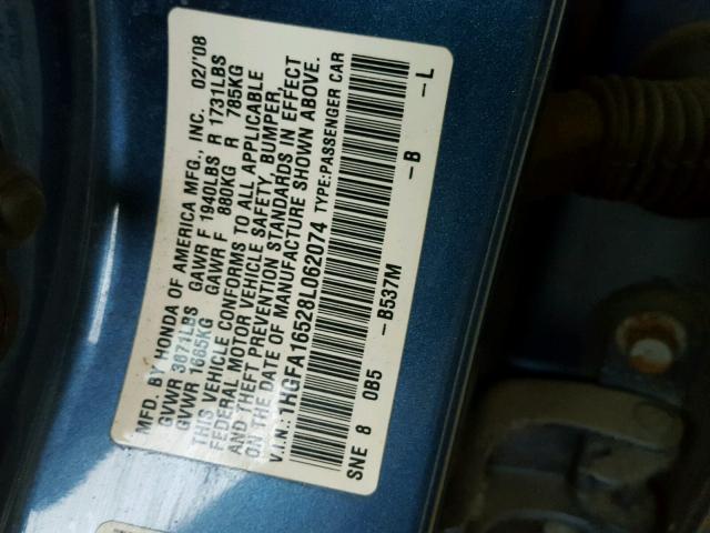 1HGFA16528L062074 - 2008 HONDA CIVIC LX BLUE photo 10