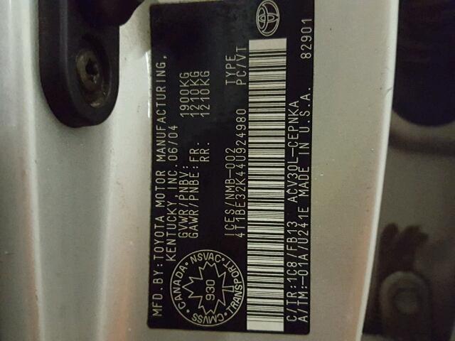 4T1BE32K44U924980 - 2004 TOYOTA CAMRY LE 银色 照片 10