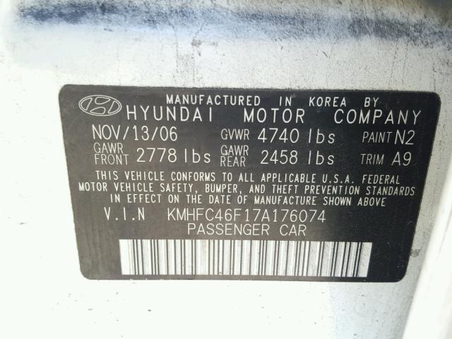 KMHFC46F17A176074 - 2007 HYUNDAI AZERA SE WHITE photo 10