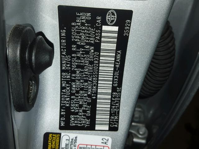 4T1BK36B55U028370 - 2005 TOYOTA AVALON XL SILVER photo 10