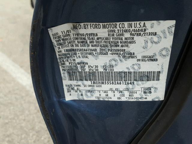 1MEHM55S82A612649 - 2002 MERCURY SABLE LS P BLUE photo 10