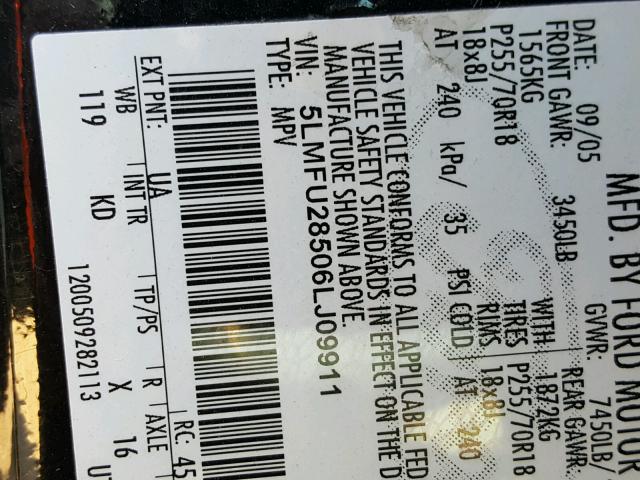 5LMFU28506LJ09911 - 2006 LINCOLN NAVIGATOR 黑色 照片 10