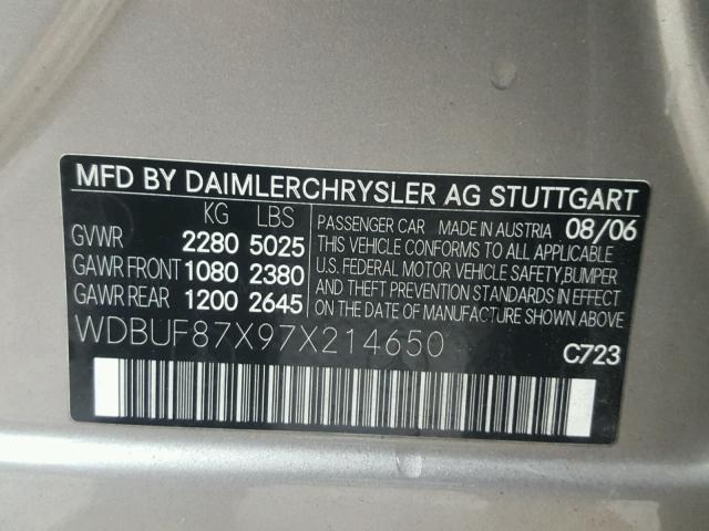 WDBUF87X97X214650 - 2007 MERCEDES-BENZ E 350 4MAT SILVER photo 10