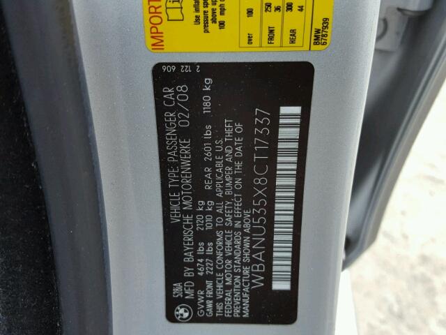 WBANU535X8CT17337 - 2008 BMW 528 I SILVER photo 10