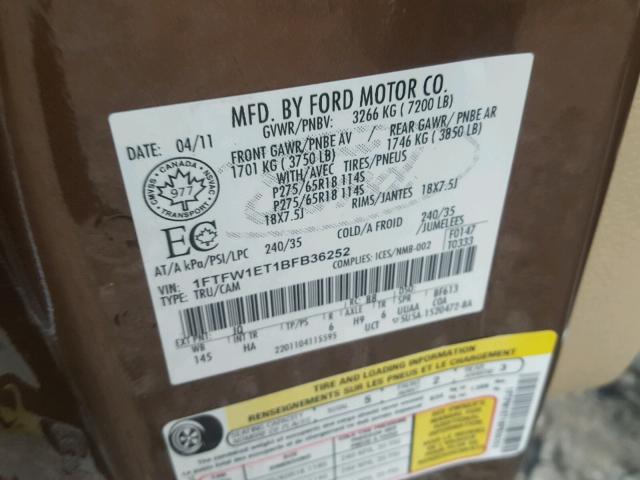 1FTFW1ET1BFB36252 - 2011 FORD F150 SUPER BROWN photo 10