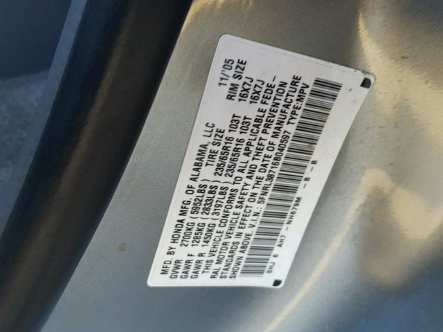 5FNRL38716B040597 - 2006 HONDA ODYSSEY EX GRAY photo 10