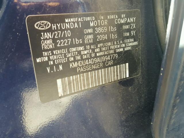 KMHDU4AD9AU994779 - 2010 HYUNDAI ELANTRA BL BLUE photo 10