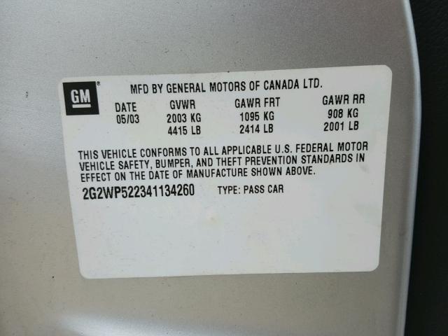 2G2WP522341134260 - 2004 PONTIAC GRAND PRIX SILVER photo 10