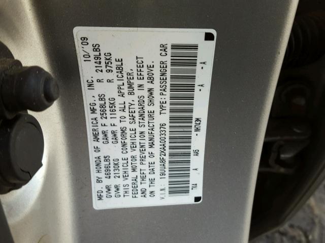 19UUA8F2XAA003376 - 2010 ACURA TL SILVER photo 10