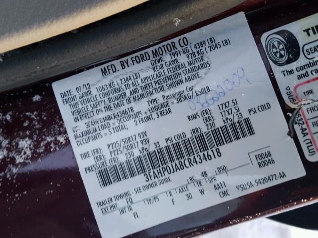 3FAHP0JA8CR434618 - 2012 FORD FUSION SEL BURGUNDY photo 10