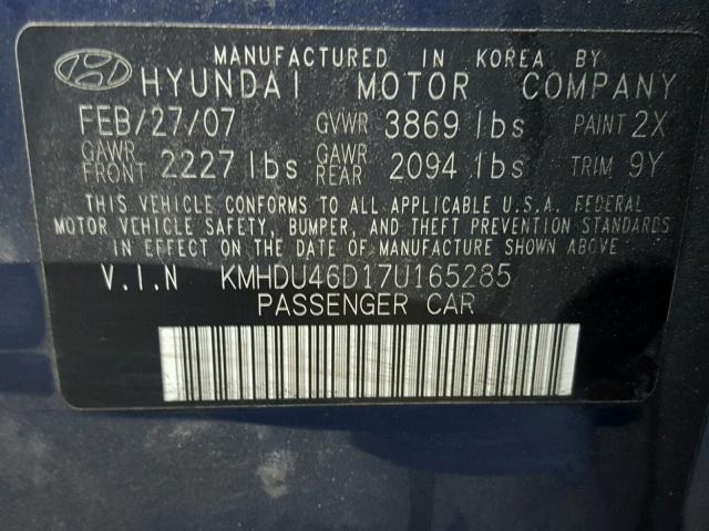 KMHDU46D17U165285 - 2007 HYUNDAI ELANTRA GL BLUE photo 10