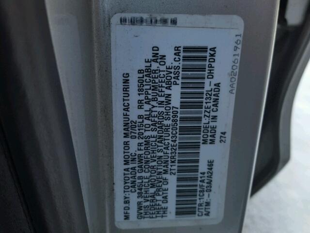 2T1KR32E43C058907 - 2003 TOYOTA COROLLA MA SILVER photo 10