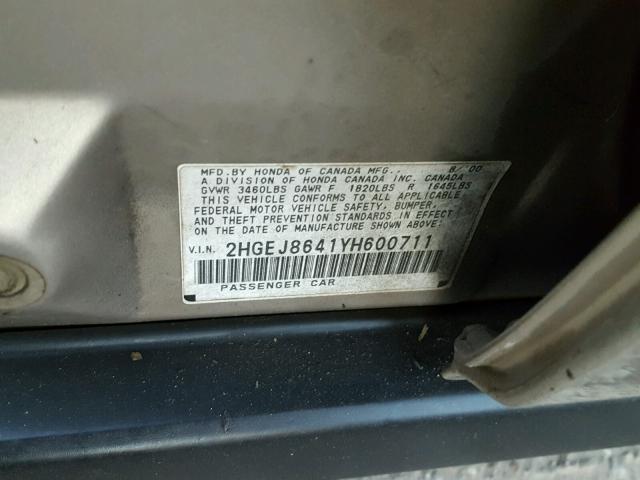 2HGEJ8641YH600711 - 2000 HONDA CIVIC EX თაფლისფერი ფოტო 10