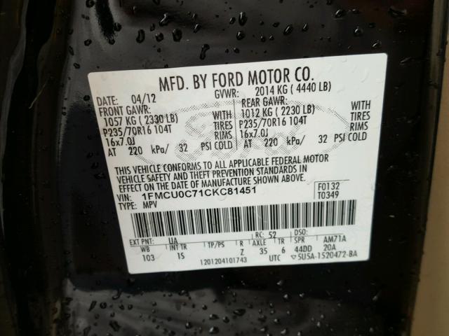 1FMCU0C71CKC81451 - 2012 FORD ESCAPE XLS BLACK photo 10