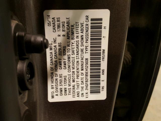 2HGFB2F89EH525608 - 2014 HONDA CIVIC EX შავი ფოტო 10