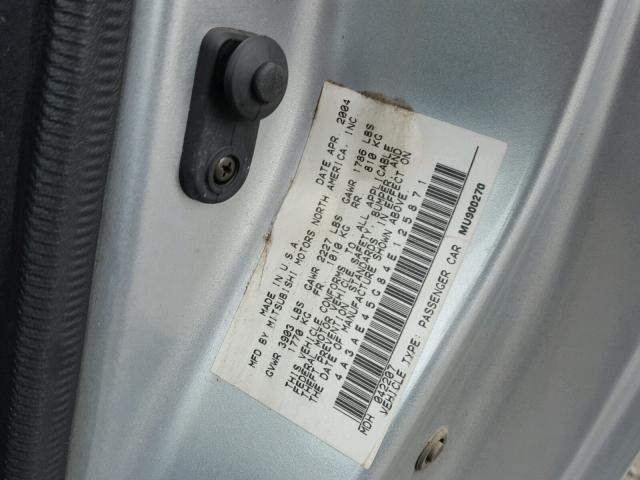 4A3AE45G84E125871 - 2004 MITSUBISHI ECLIPSE SP SILVER photo 10