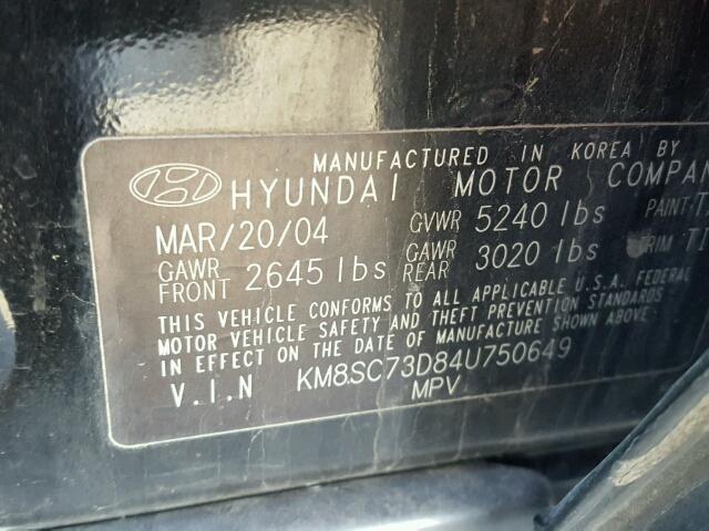 KM8SC73D84U750649 - 2004 HYUNDAI SANTA FE G BLACK photo 10