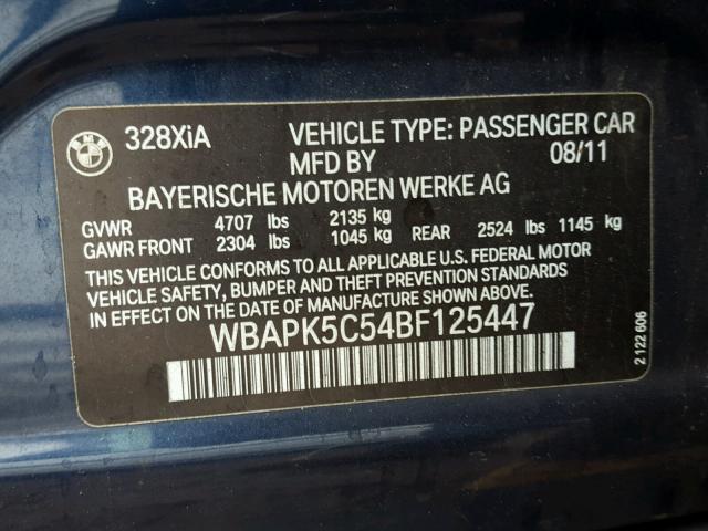 WBAPK5C54BF125447 - 2011 BMW 328 XI SUL BLUE photo 10