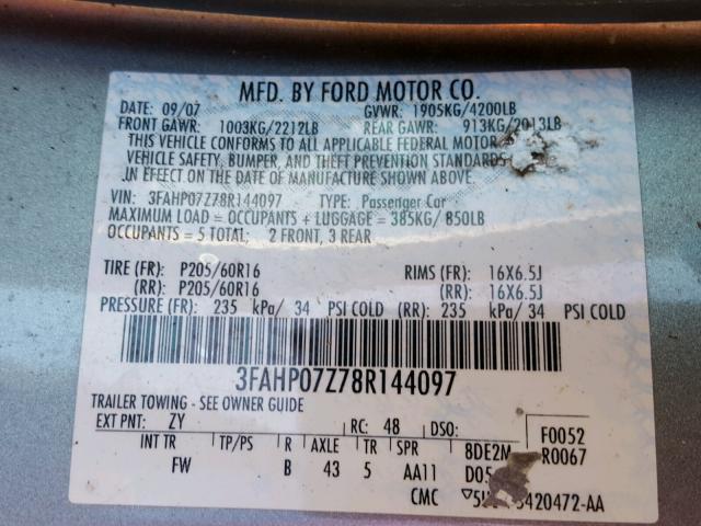 3FAHP07Z78R144097 - 2008 FORD FUSION SE SILVER photo 10