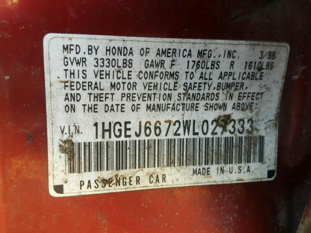 1HGEJ6672WL027333 - 1998 HONDA CIVIC LX RED photo 10