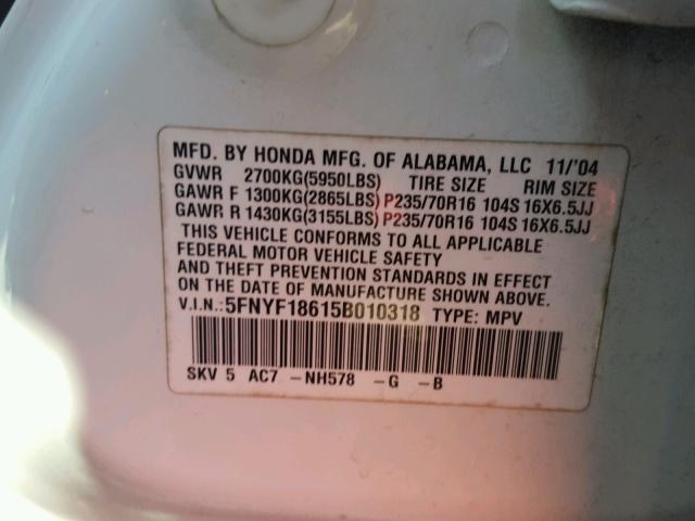 5FNYF18615B010318 - 2005 HONDA PILOT EXL WHITE photo 10