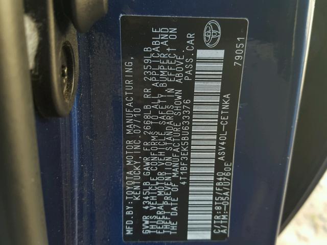 4T1BF3EK5BU633376 - 2011 TOYOTA CAMRY BASE BLUE photo 10