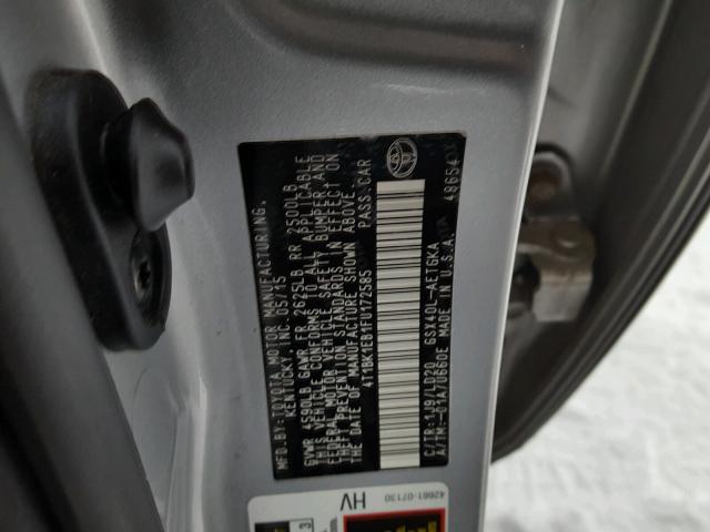 4T1BK1EB1FU172585 - 2015 TOYOTA AVALON XLE SILVER photo 10