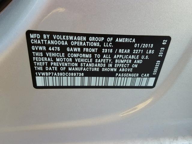 1VWBP7A39DC089736 - 2013 VOLKSWAGEN PASSAT SE SILVER photo 10