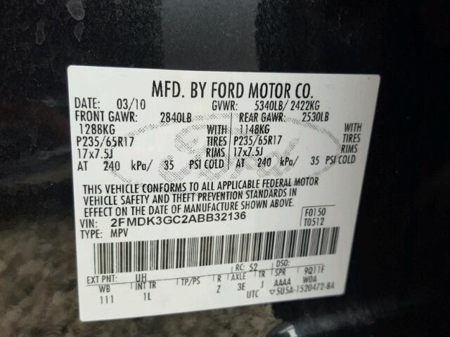 2FMDK3GC2ABB32136 - 2010 FORD EDGE SE BLACK photo 10