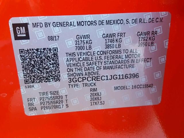 3GCPCREC1JG116396 - 2018 CHEVROLET SILVERADO RED photo 10