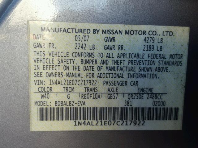 1N4AL21E07C217922 - 2007 NISSAN ALTIMA 2.5 GRAY photo 10