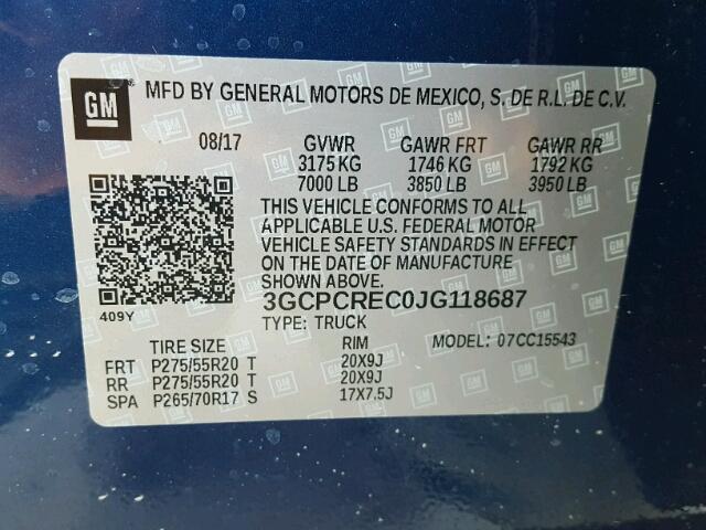 3GCPCREC0JG118687 - 2018 CHEVROLET SILVERADO BLUE photo 10