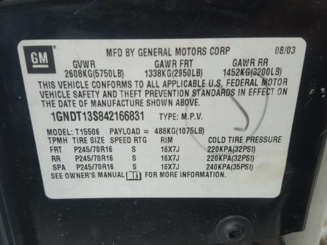 1GNDT13S842166831 - 2004 CHEVROLET TRAILBLAZE GRAY photo 10