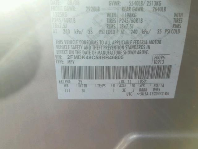 2FMDK49C58BB46805 - 2008 FORD EDGE LIMIT GRAY photo 10