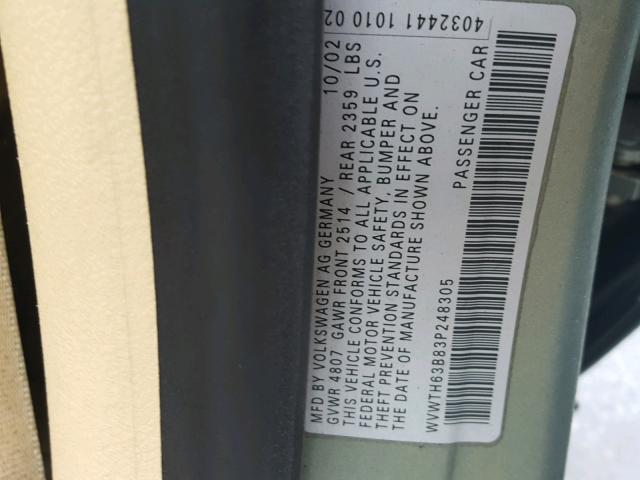WVWTH63B83P248305 - 2003 VOLKSWAGEN PASSAT GLX GREEN photo 10