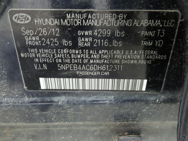 5NPEB4AC6DH612311 - 2013 HYUNDAI SONATA GLS BLUE photo 10