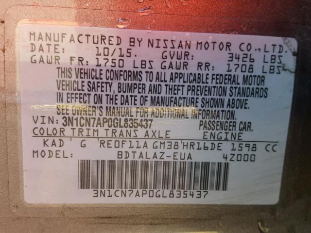 3N1CN7AP0GL835437 - 2016 NISSAN VERSA S GRAY photo 10