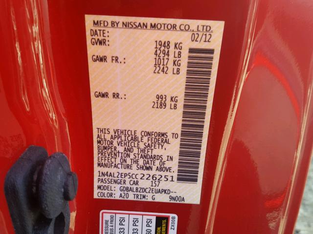 1N4AL2EP5CC226251 - 2012 NISSAN ALTIMA S RED photo 10