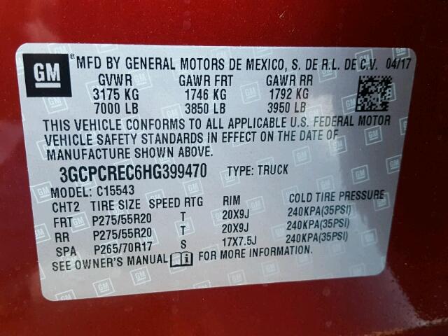 3GCPCREC6HG399470 - 2017 CHEVROLET SILVERADO BURGUNDY photo 10