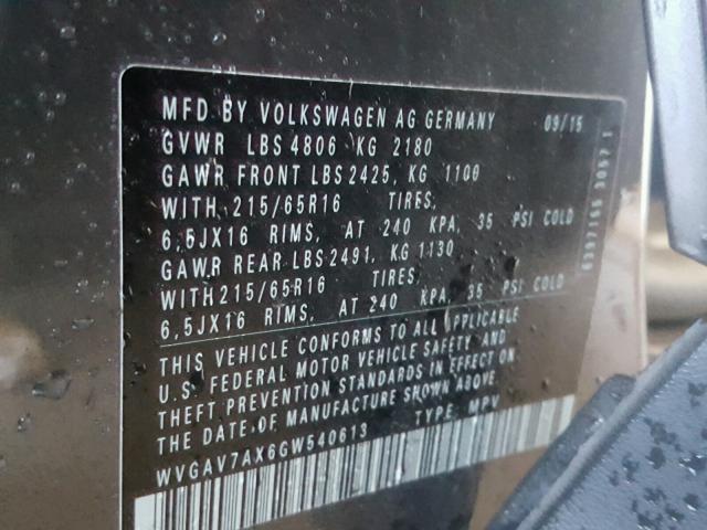 WVGAV7AX6GW540613 - 2016 VOLKSWAGEN TIGUAN S GRAY photo 10