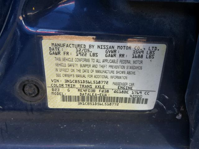 3N1CB51D56L518772 - 2006 NISSAN SENTRA 1.8 BLUE photo 10